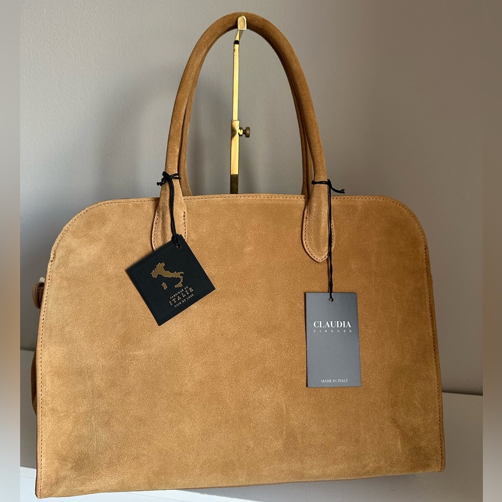 Viral Claudia Firenze Caramel Suede Leather Tote Satchel Bag NWT